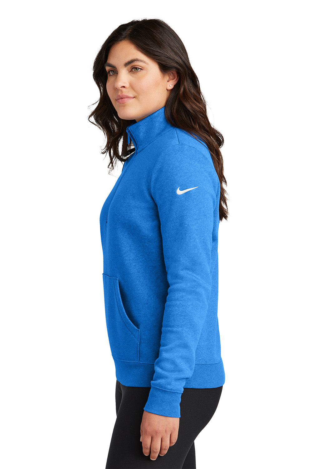 Woman wearing a blue jacket with a white logo on a white background, Embroidered Nike Women's Club Fleece Sleeve Swoosh 1/2-Zip