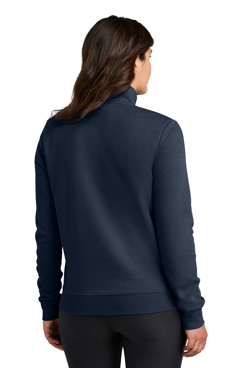 Person wearing a navy blue pullover with a high collar on a white background, Embroidered Nike Women's Club Fleece Sleeve Swoosh 1/2-Zip