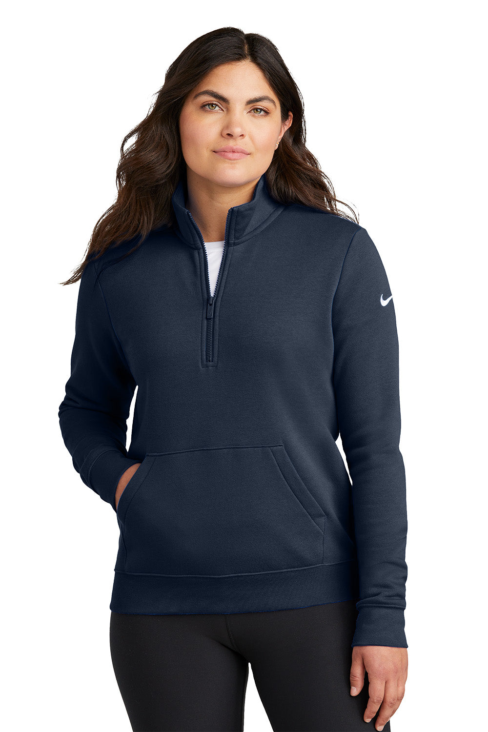 Woman wearing a navy blue pullover with a Nike logo on a white background, Embroidered Nike Women's Club Fleece Sleeve Swoosh 1/2-Zip