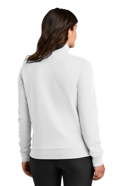Woman wearing a light gray jacket on a white background, Embroidered Nike Women's Club Fleece Sleeve Swoosh 1/2-Zip