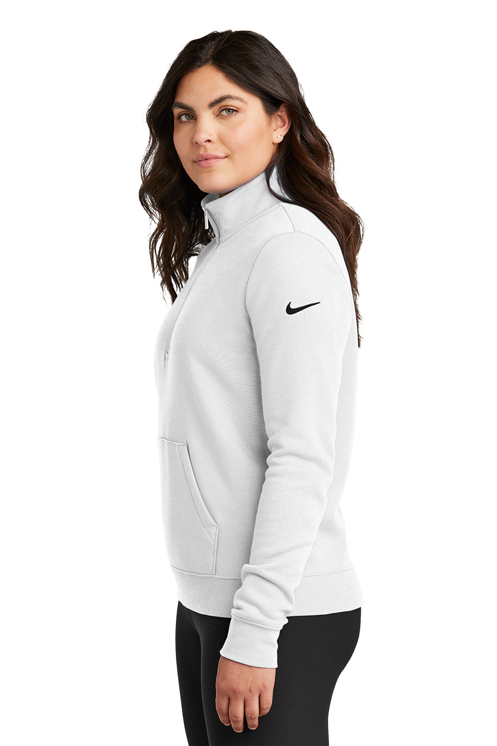 Woman wearing a white Nike jacket on a white background, Embroidered Nike Women's Club Fleece Sleeve Swoosh 1/2-Zip