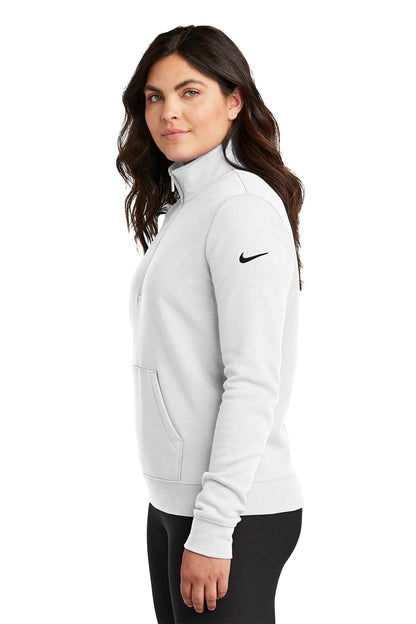 Woman wearing a white Nike jacket on a white background, Embroidered Nike Women's Club Fleece Sleeve Swoosh 1/2-Zip