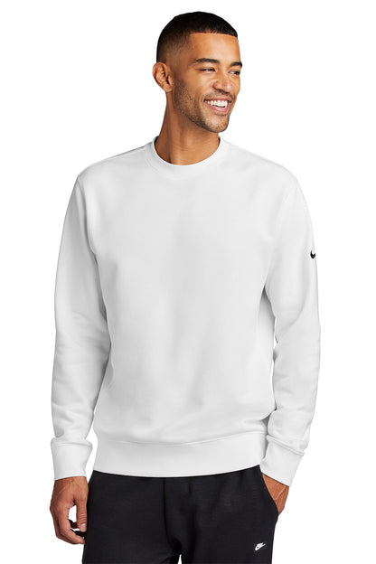 Man wearing a white Nike sweatshirt on a white background embroidered Nike Club Fleece Sleeve Swoosh Crew