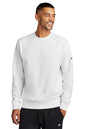 Man wearing a white Nike sweatshirt on a white background embroidered Nike Club Fleece Sleeve Swoosh Crew