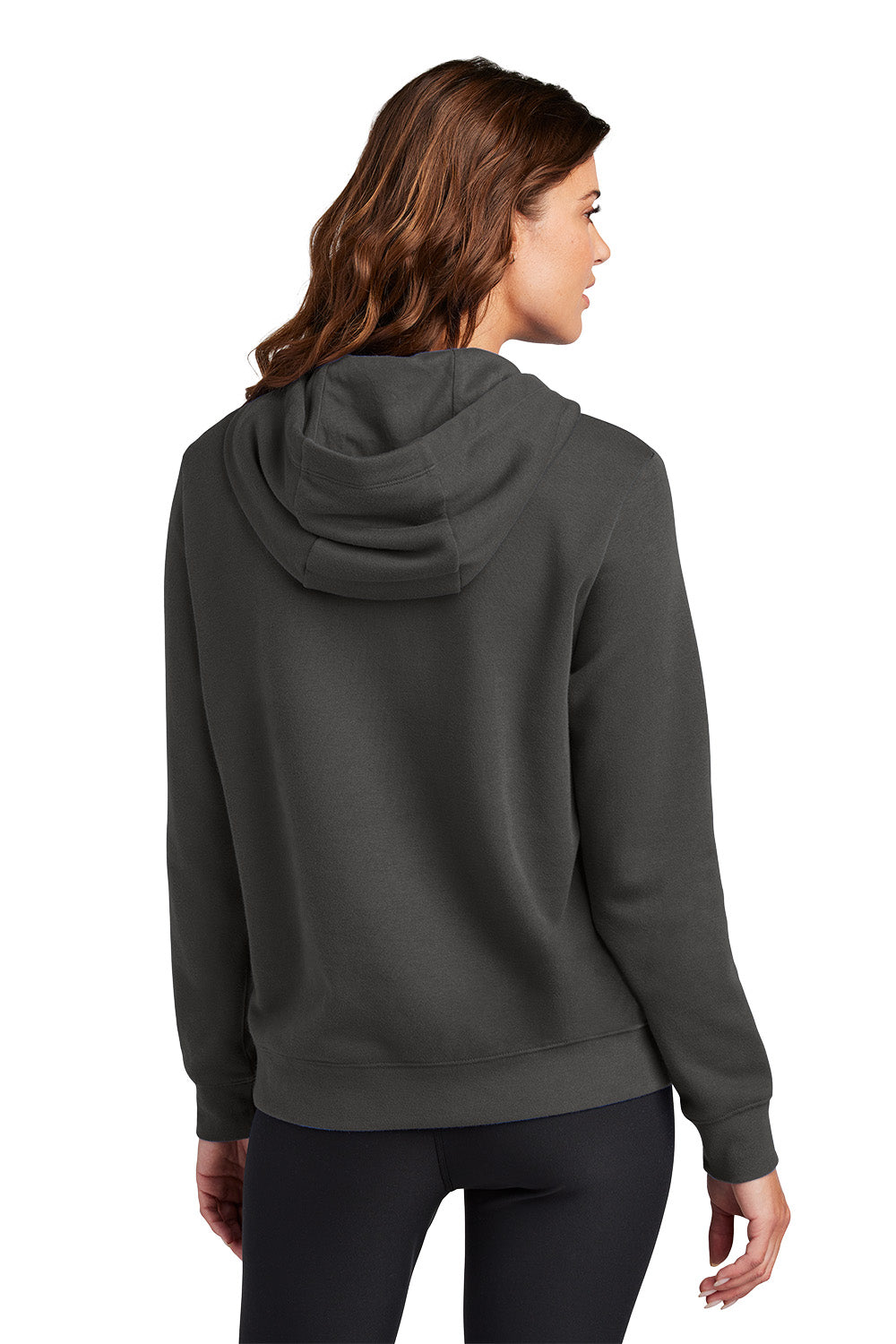 Woman wearing a dark gray hoodie from behind on a white background, Embroidered Nike Women's Club Fleece Sleeve Swoosh Hoodie