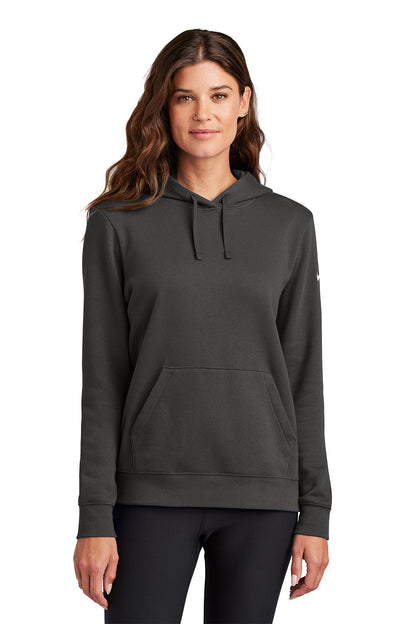 Woman wearing a dark gray hoodie on a white background, Embroidered Nike Women's Club Fleece Sleeve Swoosh Hoodie