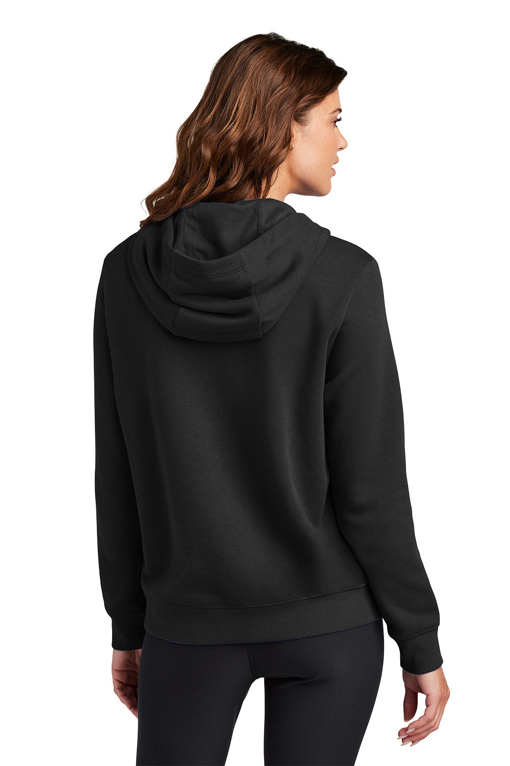 Woman wearing a black hoodie on a white background, Embroidered Nike Women's Club Fleece Sleeve Swoosh Hoodie