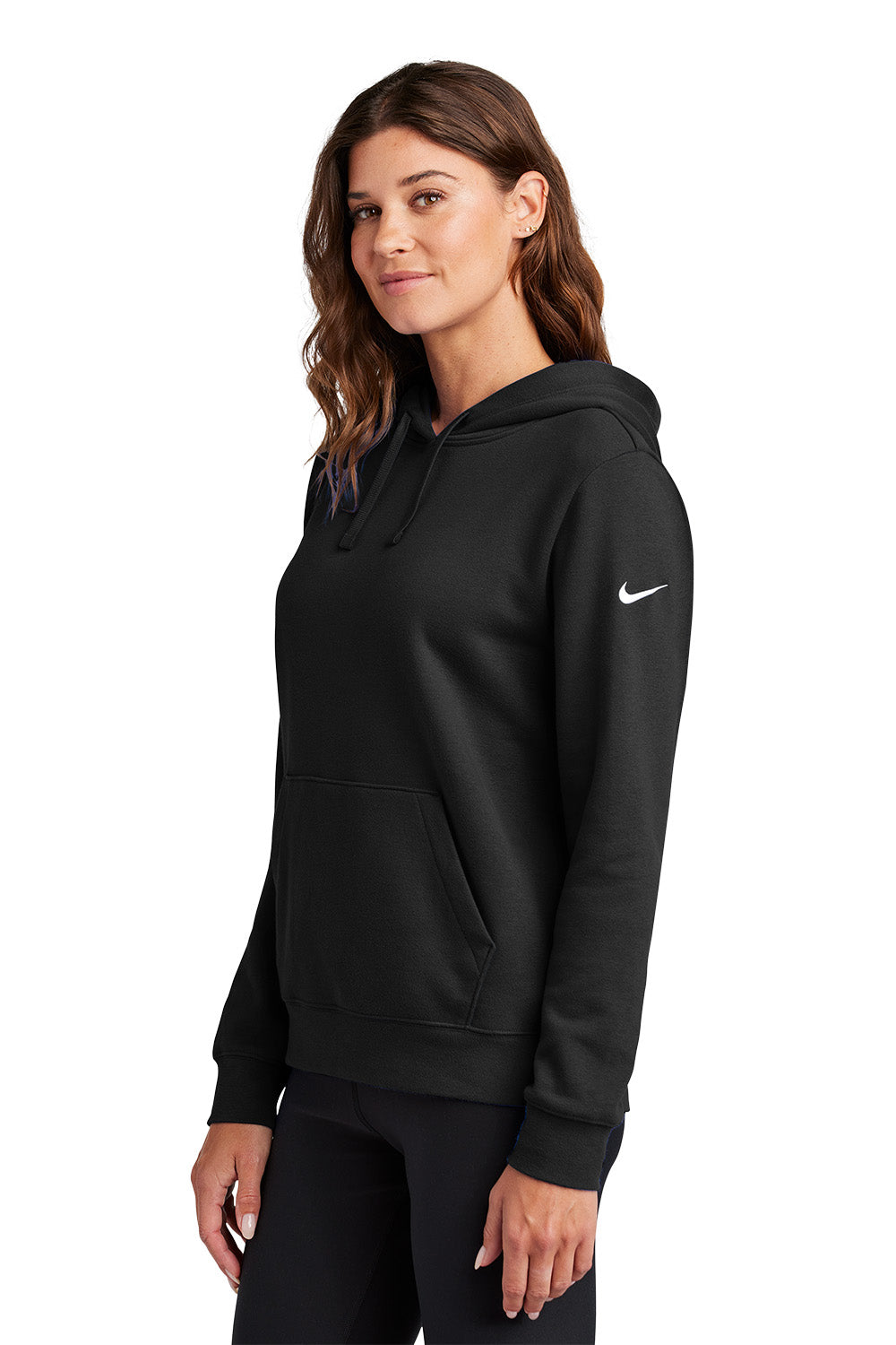 Woman wearing a black Nike hoodie on a white background, Embroidered Nike Women's Club Fleece Sleeve Swoosh Hoodie