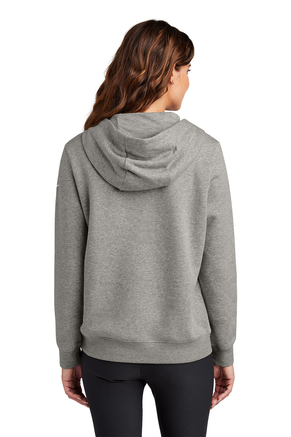 Person wearing a gray hoodie from behind on a white background, Embroidered Nike Women's Club Fleece Sleeve Swoosh Hoodie