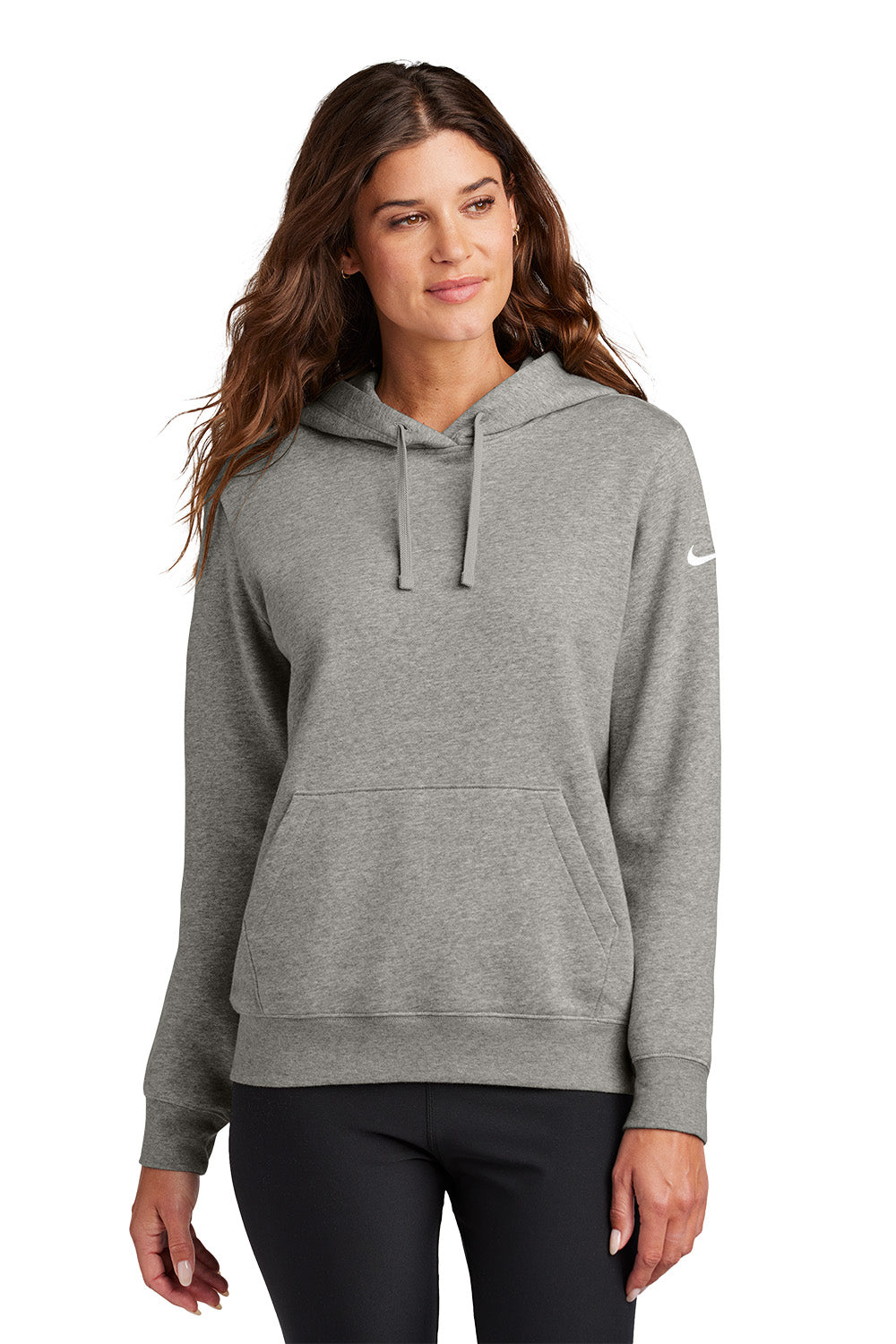 Woman wearing a gray hoodie with a Nike logo on a white background, Embroidered Nike Women's Club Fleece Sleeve Swoosh Hoodie