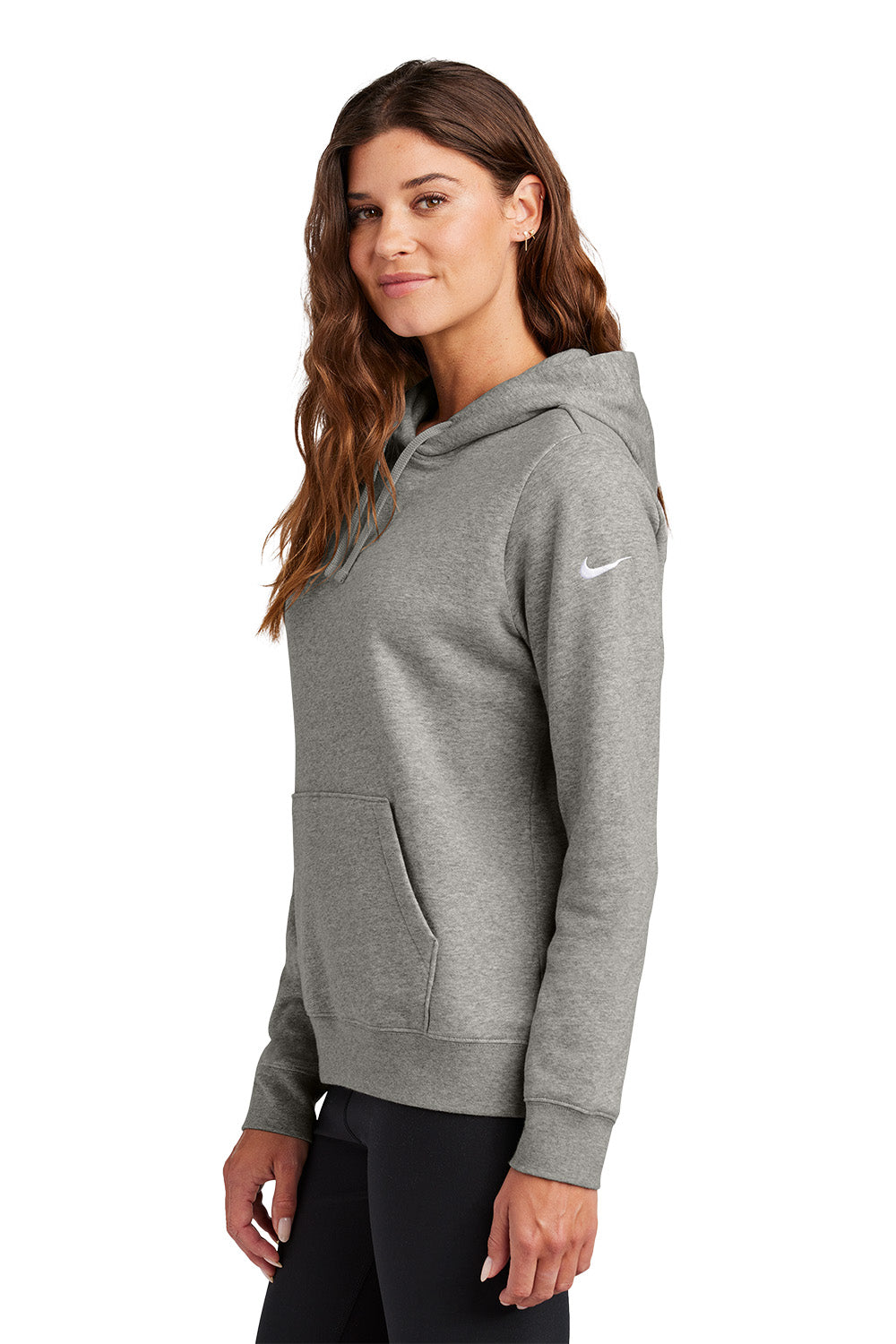 Woman wearing a gray Nike hoodie on a white background, Embroidered Nike Women's Club Fleece Sleeve Swoosh Hoodie