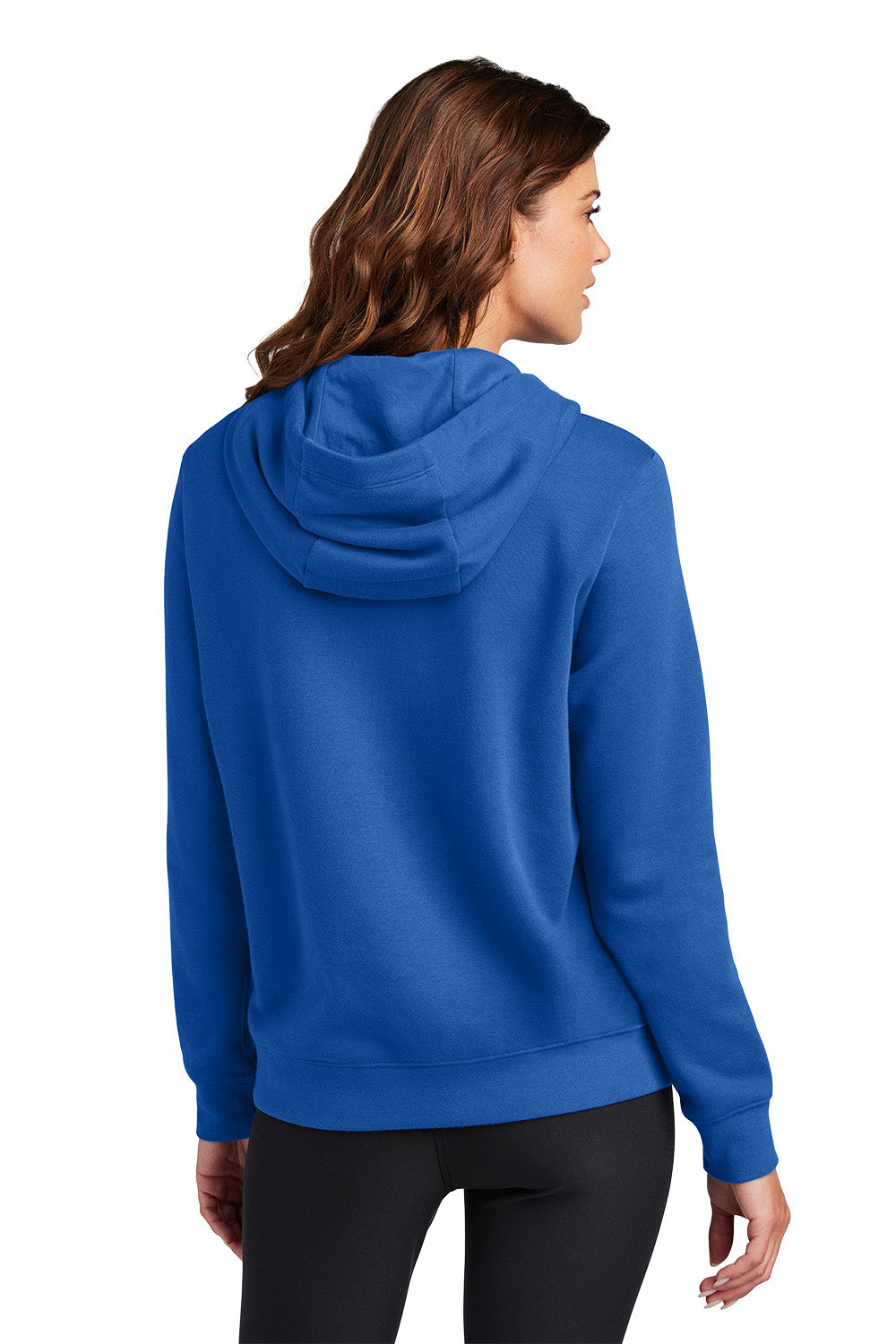 Woman wearing a blue hoodie from behind on a white background, Embroidered Nike Women's Club Fleece Sleeve Swoosh Hoodie