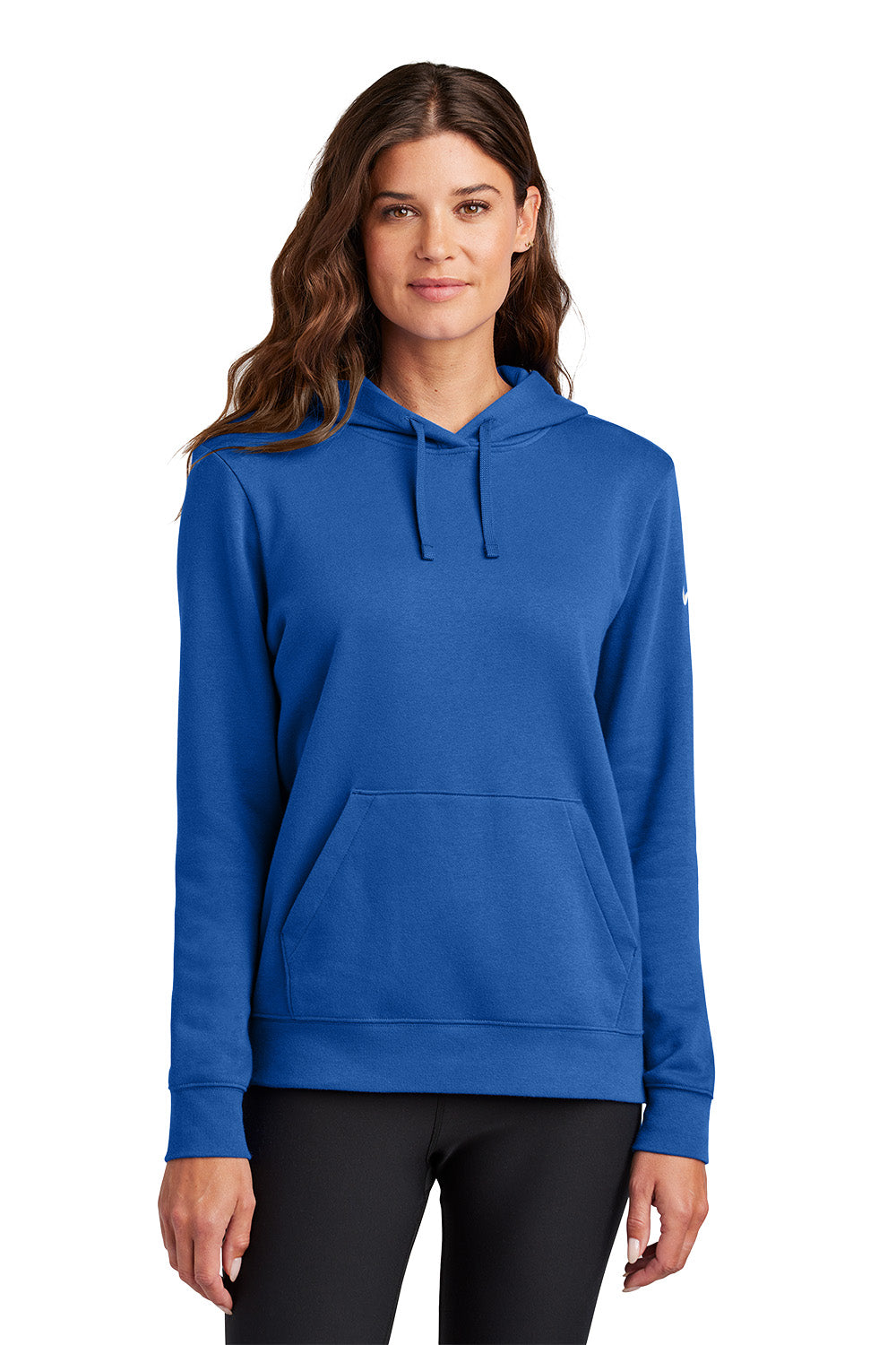 Woman wearing a blue hoodie on a white background, Embroidered Nike Women's Club Fleece Sleeve Swoosh Hoodie