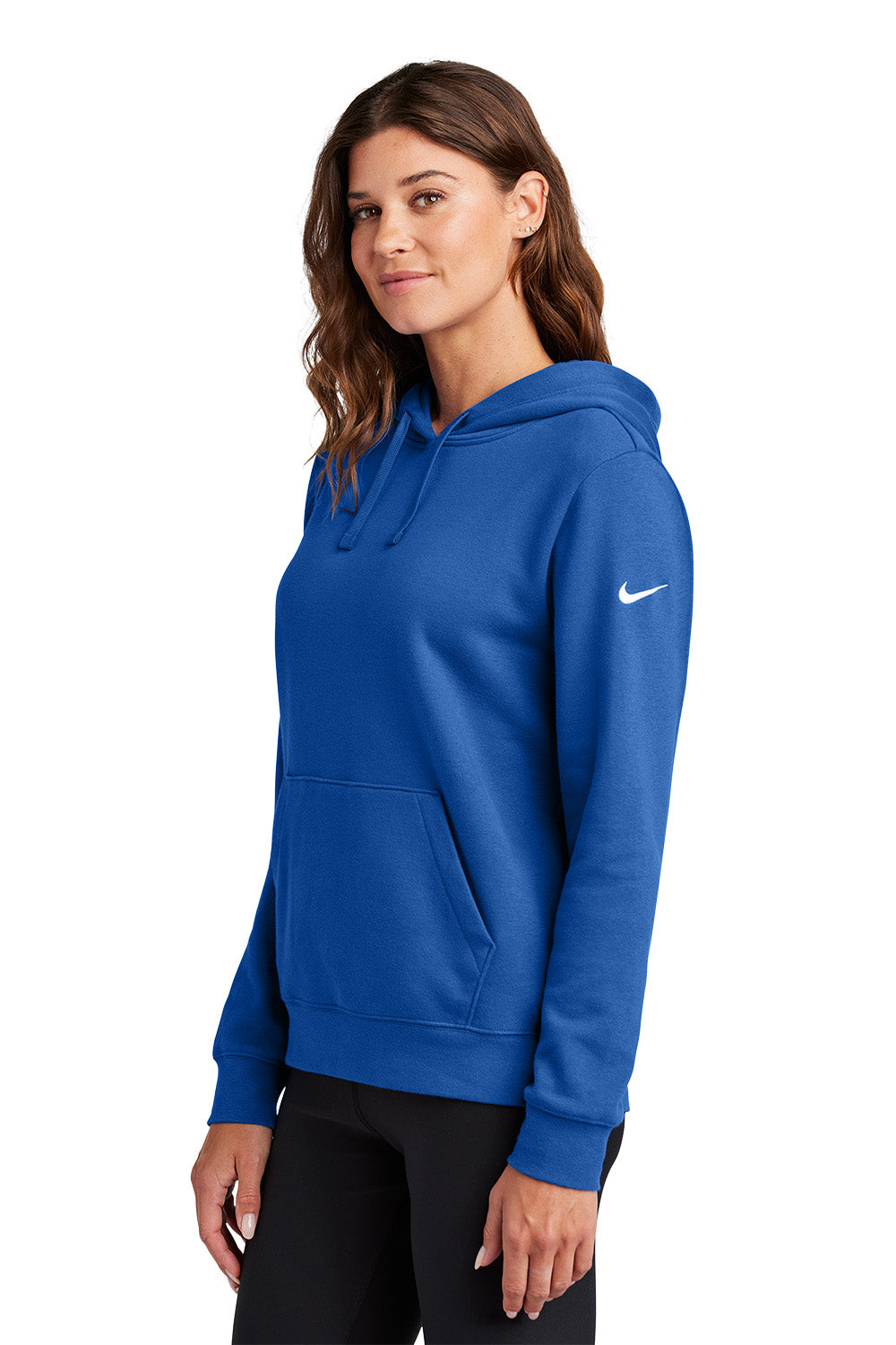 Woman wearing a blue hoodie with a Nike logo on a white background, Embroidered Nike Women's Club Fleece Sleeve Swoosh Hoodie