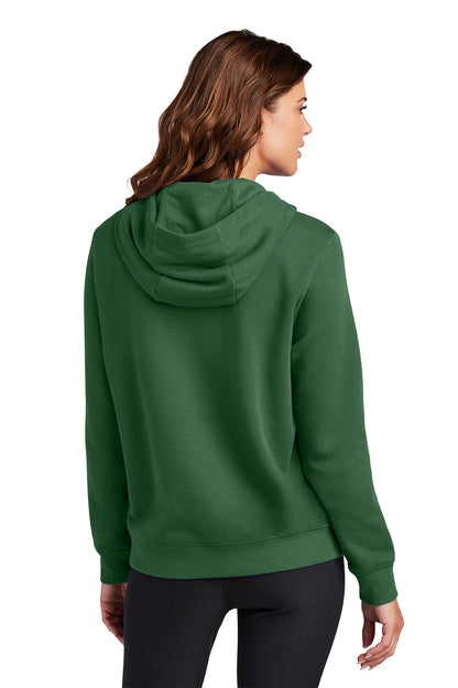 Woman wearing a green hoodie from behind on a white background, Embroidered Nike Women's Club Fleece Sleeve Swoosh Hoodie