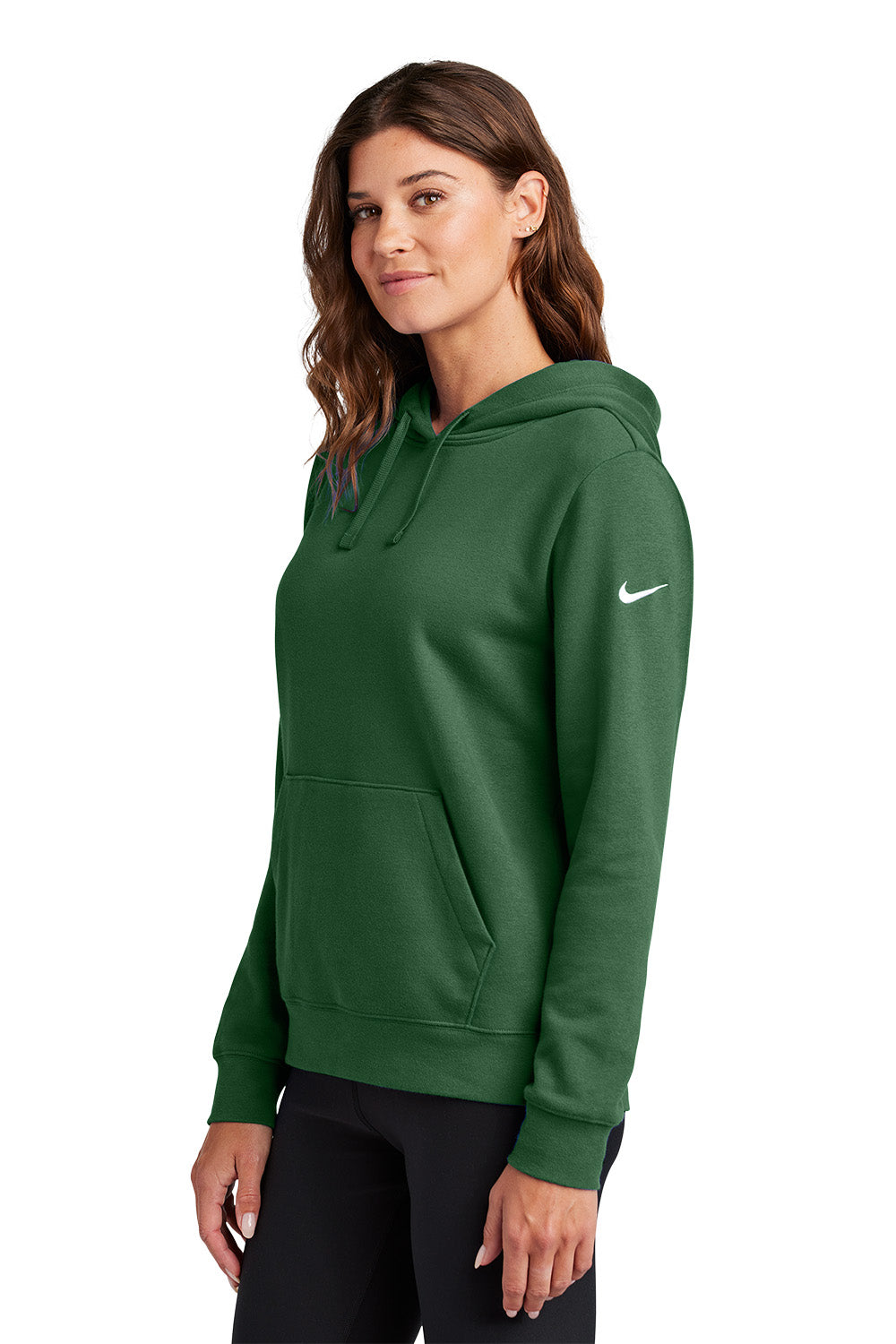 Woman wearing a green Nike hoodie on a white background, Embroidered Nike Women's Club Fleece Sleeve Swoosh Hoodie