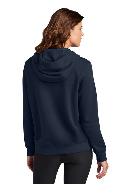 Woman wearing a navy blue hoodie on a white background, Embroidered Nike Women's Club Fleece Sleeve Swoosh Hoodie