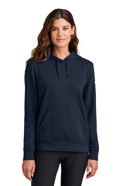 Woman wearing a navy blue hoodie on a white background, Embroidered Nike Women's Club Fleece Sleeve Swoosh Hoodie