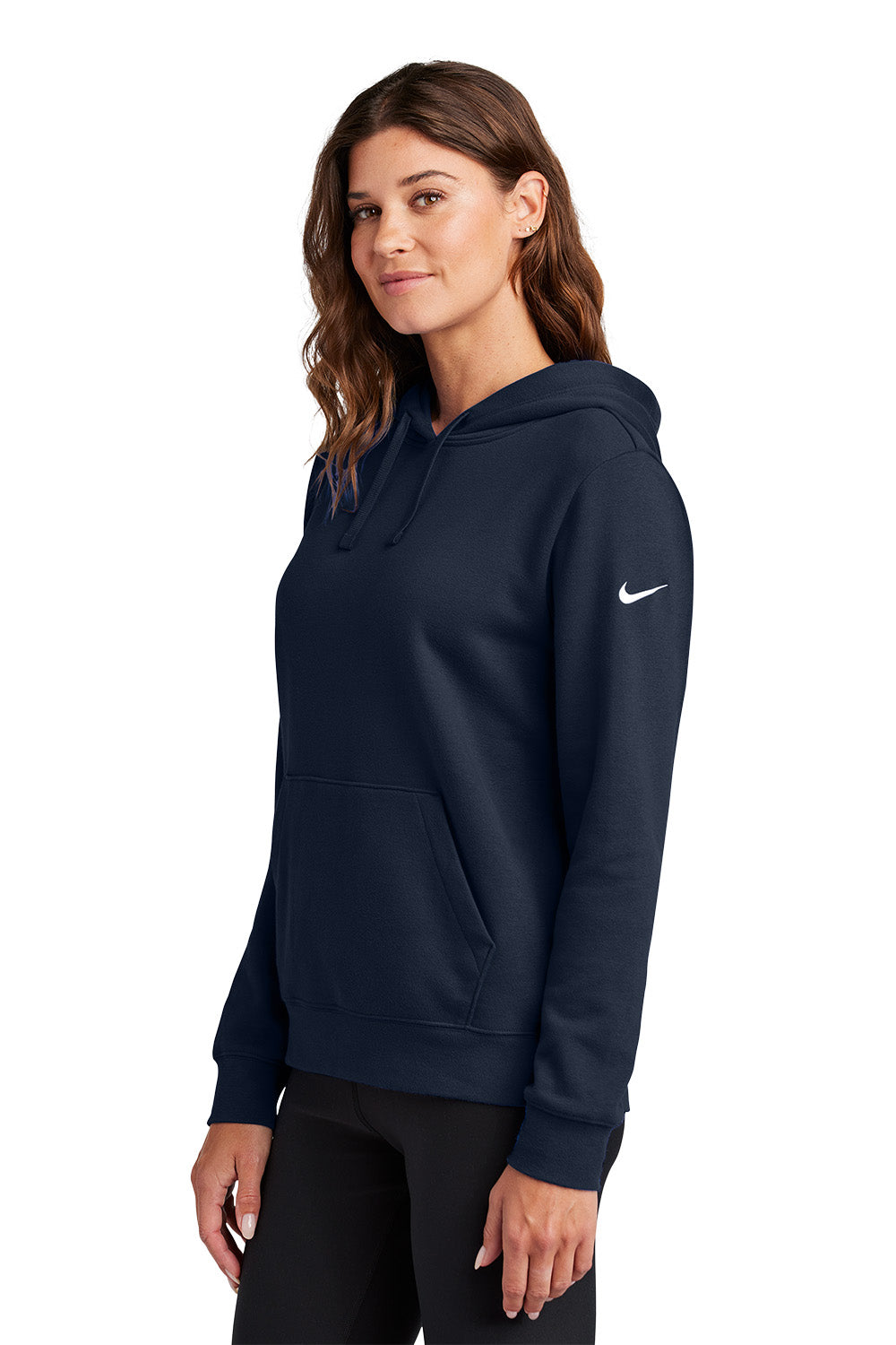 Woman wearing a navy blue hoodie with a Nike logo on a white background, Embroidered Nike Women's Club Fleece Sleeve Swoosh Hoodie