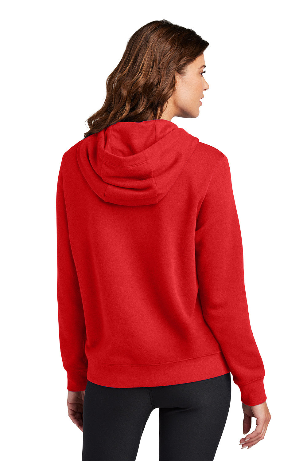 Person wearing a red hoodie from behind on a white background, Embroidered Nike Women's Club Fleece Sleeve Swoosh Hoodie