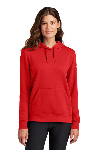 Woman wearing a red hoodie on a white background, Embroidered Nike Women's Club Fleece Sleeve Swoosh Hoodie