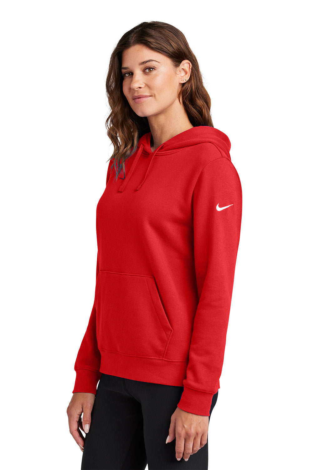 Woman wearing a red hoodie with a Nike logo on a white background, Embroidered Nike Women's Club Fleece Sleeve Swoosh Hoodie