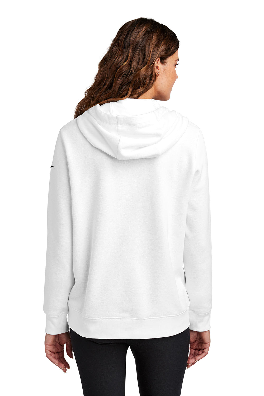 Person wearing a white hoodie on a white background, Embroidered Nike Women's Club Fleece Sleeve Swoosh Hoodie