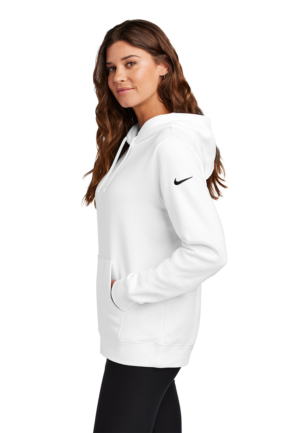 Woman wearing a white Nike hoodie on a white background, Embroidered Nike Women's Club Fleece Sleeve Swoosh Hoodie