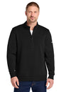 A man wearing a black Nike quarter-zip pullover sweatshirt with a small white swoosh logo on the left sleeve, paired with blue jeans, against a plain white background. Nike Dri-FIT Corporate 1/2-Zip, Embroidered