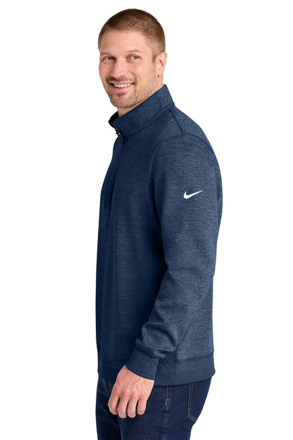 A man wearing a navy blue Nike quarter-zip pullover jacket, shown from a side profile against a plain white background. Nike Dri-FIT Corporate 1/2-Zip, Embroidered
