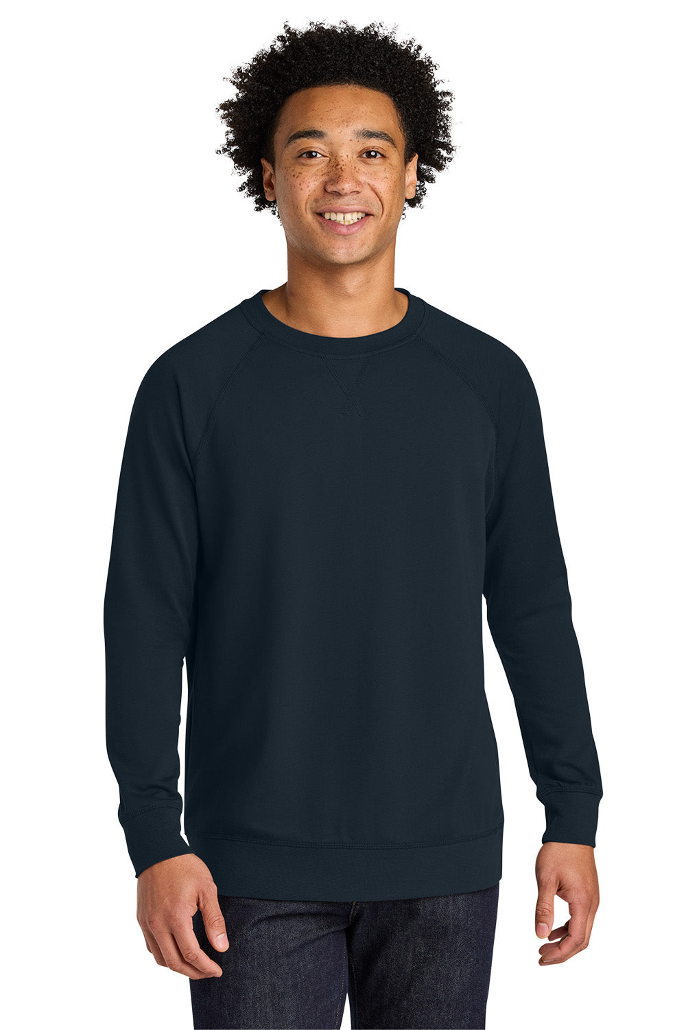 Man wearing a navy blue sweatshirt on a white background. Next Level Apparel® Laguna Raglan Sweatshirt, Embroidered