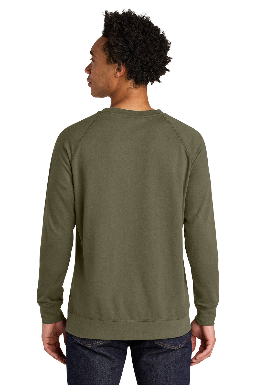 Person wearing an olive green sweatshirt on a white background. Next Level Apparel® Laguna Raglan Sweatshirt, Embroidered