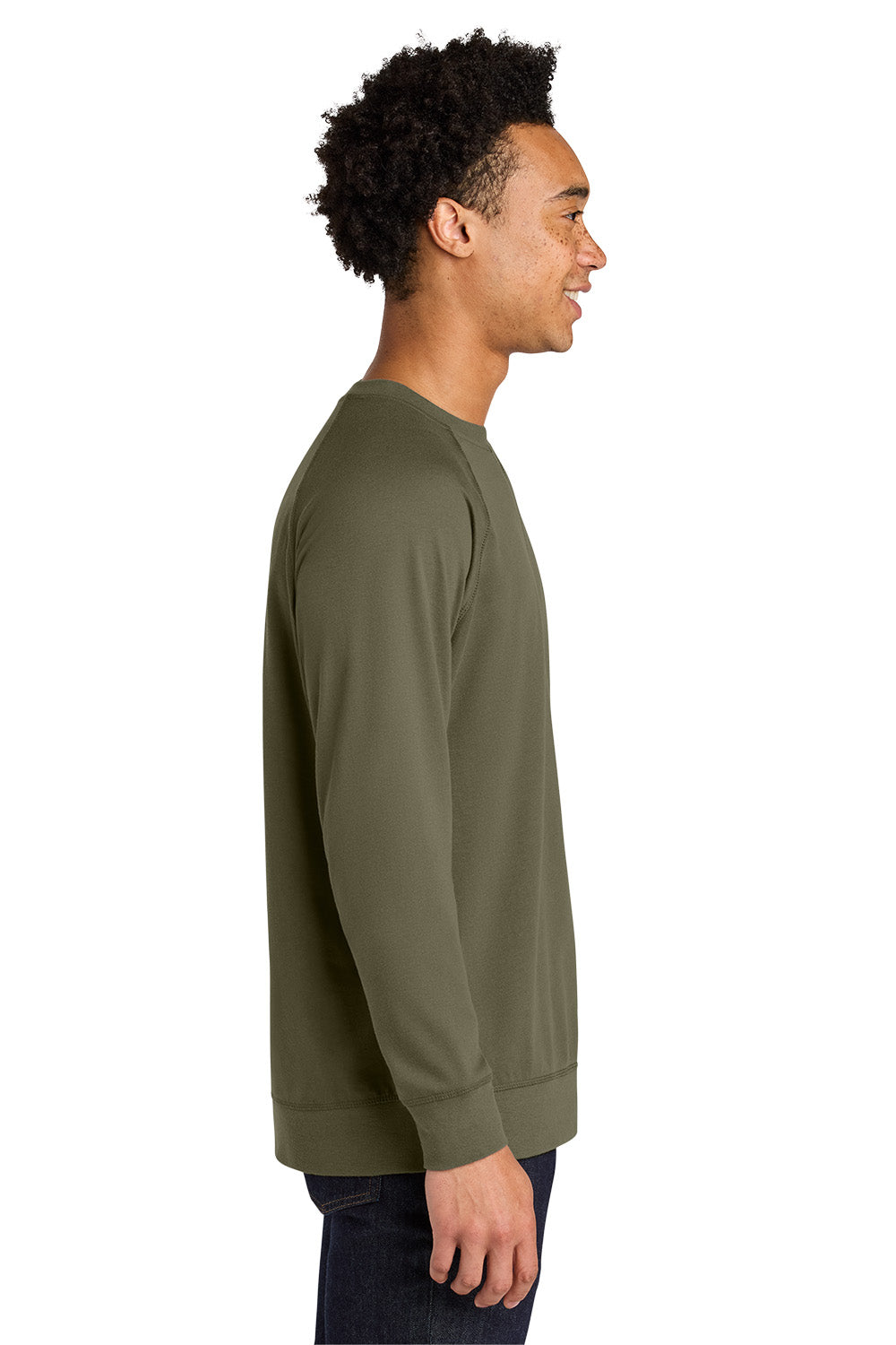 Person wearing an olive green long-sleeve shirt on a white background. Next Level Apparel® Laguna Raglan Sweatshirt, Embroidered