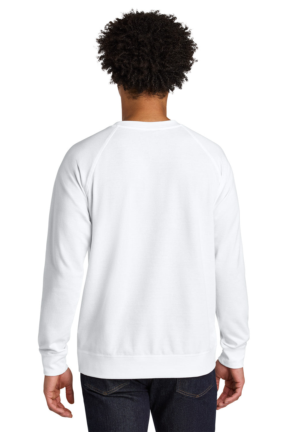 Person wearing a white sweatshirt with a logo on the back, standing against a white background. Next Level Apparel® Laguna Raglan Sweatshirt, Embroidered