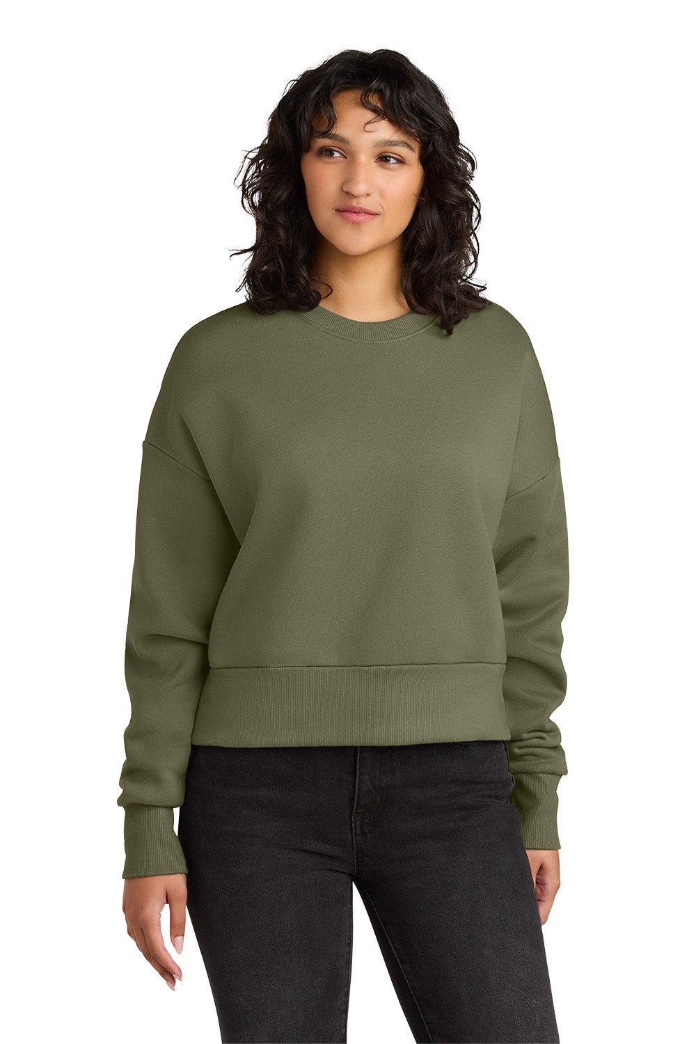 Woman wearing an olive green sweatshirt on a white background. Next Level Apparel® Women’s Heavyweight Sweatshirt, Embroidered