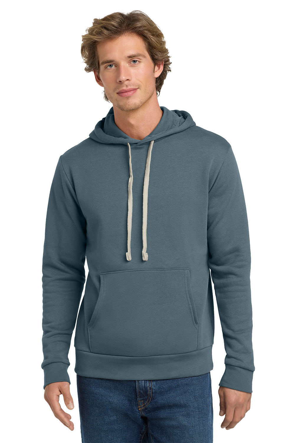 Man wearing a blue hoodie on a white background. Next Level Apparel® Adult Santa Barbara Pullover Hoodie, Embroidered
