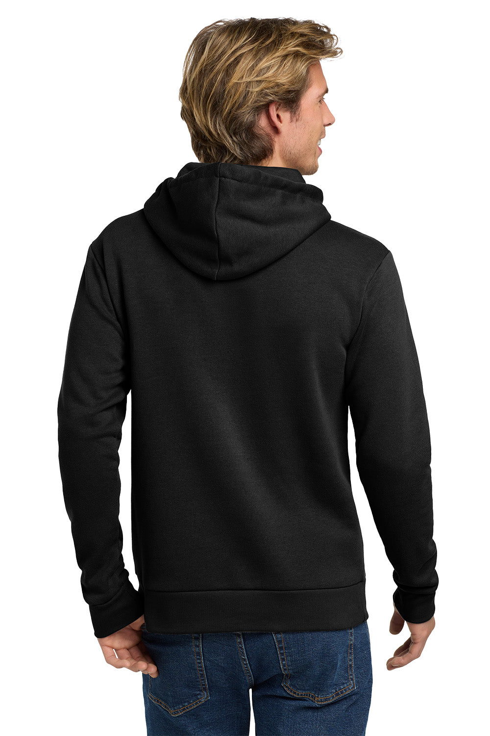 Person wearing a black hoodie from behind on a white background. Next Level Apparel® Adult Santa Barbara Pullover Hoodie, Embroidered