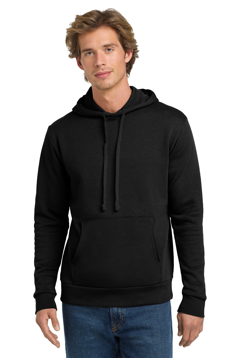 Man wearing a black hoodie on a white background Next Level Apparel® Adult Santa Barbara Pullover Hoodie, Embroidered
