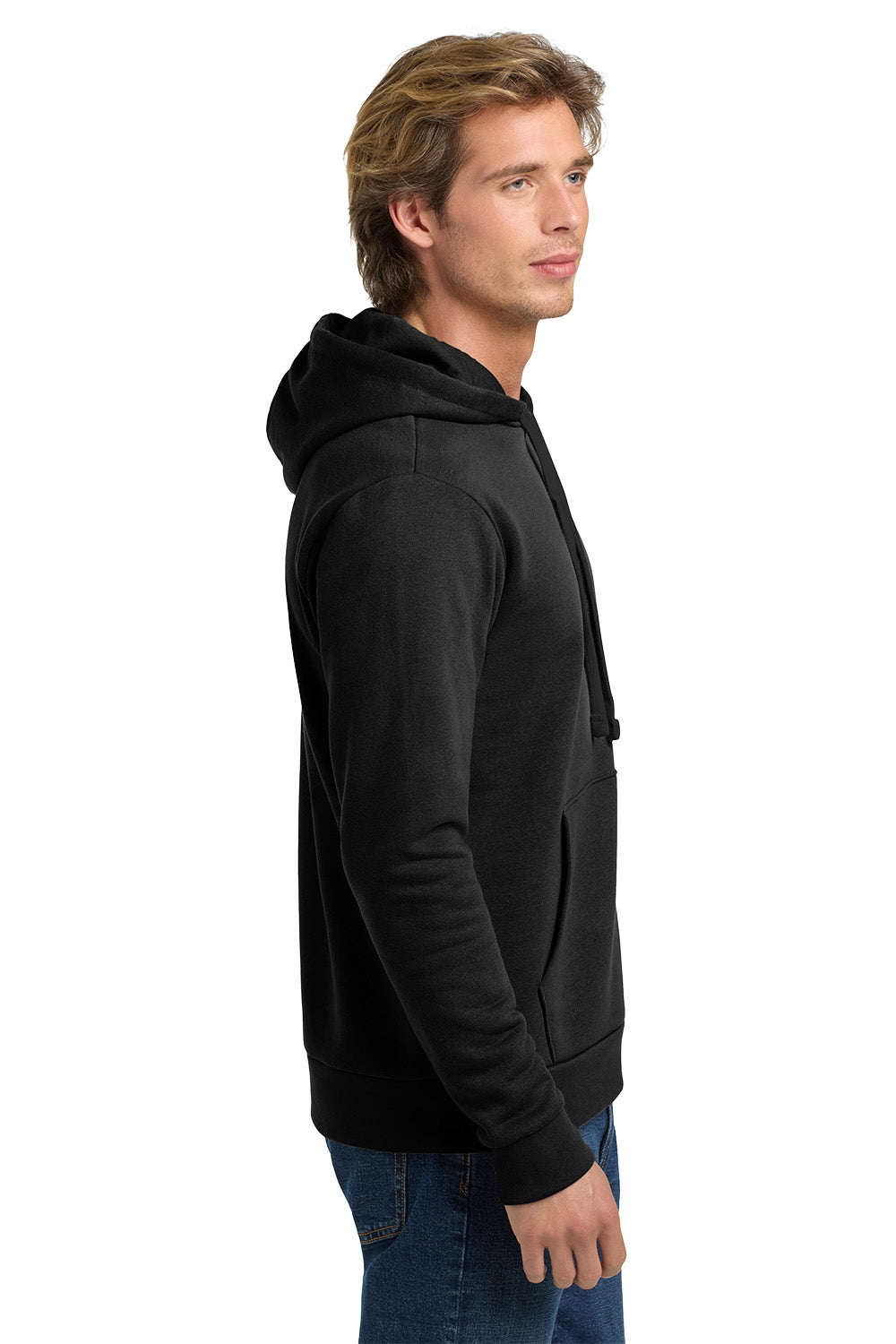 Man wearing a black hoodie on a white background. Next Level Apparel® Adult Santa Barbara Pullover Hoodie, Embroidered