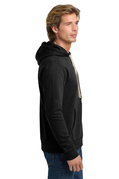 Man wearing a black hoodie with a white drawstring on a white background. Next Level Apparel® Adult Santa Barbara Pullover Hoodie, Embroidered