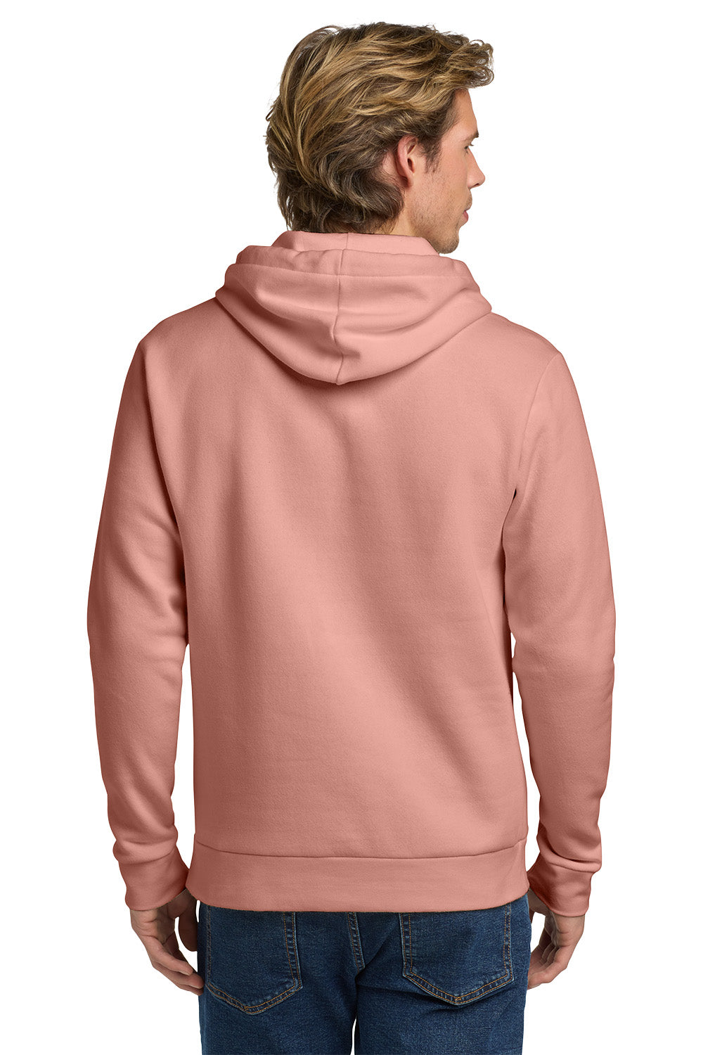 Person wearing a pink hoodie on a white background. Next Level Apparel® Adult Santa Barbara Pullover Hoodie, Embroidered