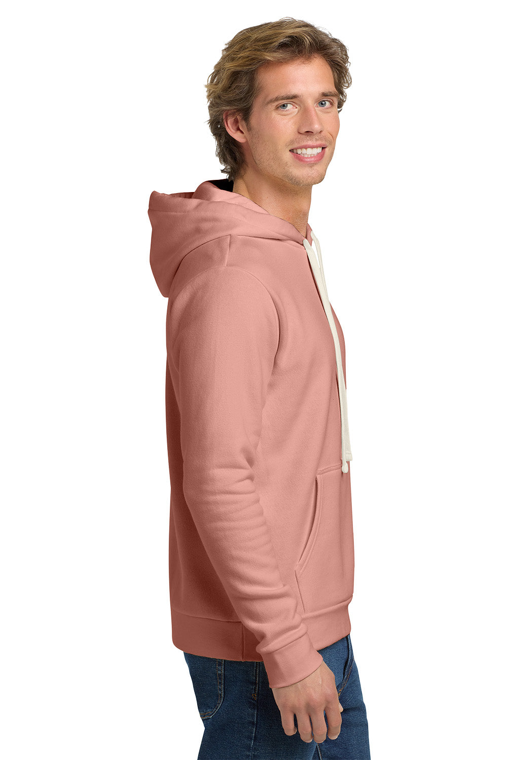 Man wearing a pink hoodie on a white background. Next Level Apparel® Adult Santa Barbara Pullover Hoodie, Embroidered