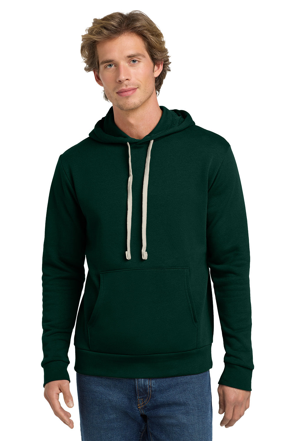 Man wearing a green hoodie on a white background. Next Level Apparel® Adult Santa Barbara Pullover Hoodie, Embroidered