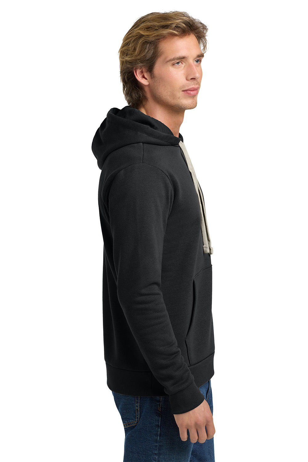 Man wearing a black hoodie with a white drawstring on a white background. Next Level Apparel® Adult Santa Barbara Pullover Hoodie, Embroidered