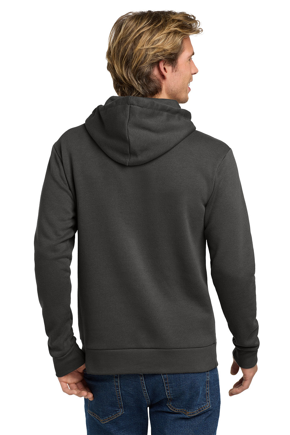 A man viewed from the back wearing a dark charcoal gray pullover hoodie and blue jeans against a plain white background. Next Level Apparel® Adult Santa Barbara Pullover Hoodie, Embroidered