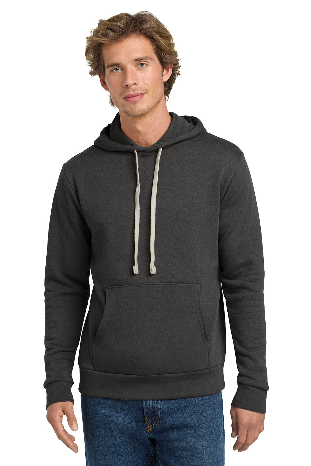 Man wearing a navy blue hoodie with a white background. Next Level Apparel® Adult Santa Barbara Pullover Hoodie, Embroidered
