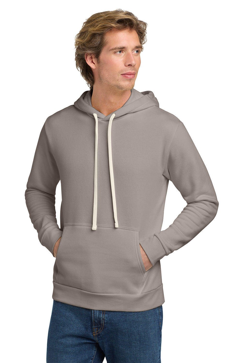 Man wearing a gray hoodie with a white drawstring on a white background. Next Level Apparel® Adult Santa Barbara Pullover Hoodie, Embroidered