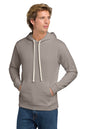 Man wearing a gray hoodie with a white drawstring on a white background. Next Level Apparel® Adult Santa Barbara Pullover Hoodie, Embroidered