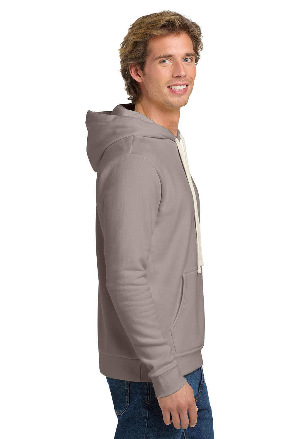 Man wearing a gray hoodie on a white background. Next Level Apparel® Adult Santa Barbara Pullover Hoodie, Embroidered