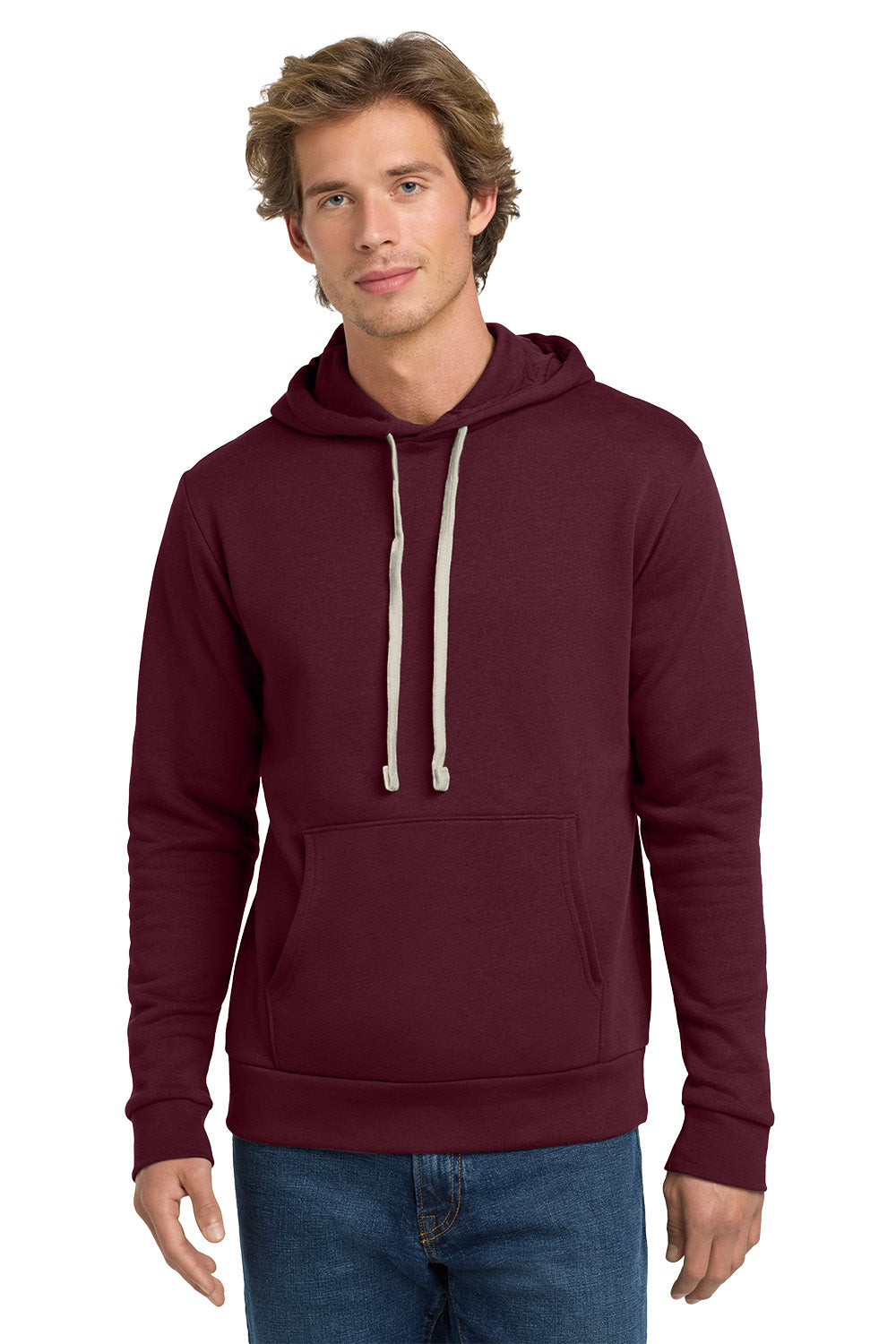Man wearing a maroon hoodie on a white background. Next Level Apparel® Adult Santa Barbara Pullover Hoodie, Embroidered